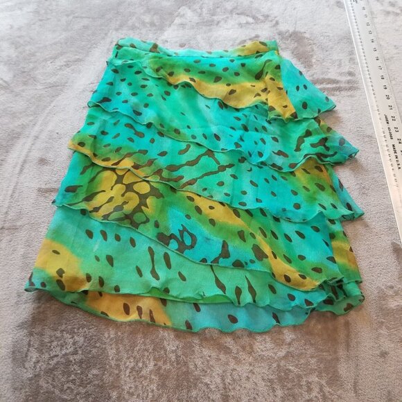 Philosophy Women's Size 2 Green Printed Tiered Ruffle Silk Skirt Side Zip Italy - Picture 7 of 10